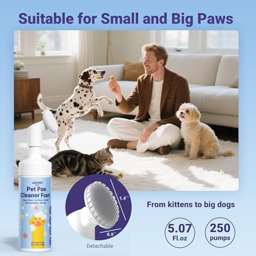 Dog Paw Cleaner, No-Rinse Dog Paw Washer, Waterless Foam Pet Foot Cleanser for Larger Dogs&Small Dogs&Cats, Built-in Scrubber Brush for Dirty Paw, Safe Ingredient, pH-Balanced, 5.1 fl.oz