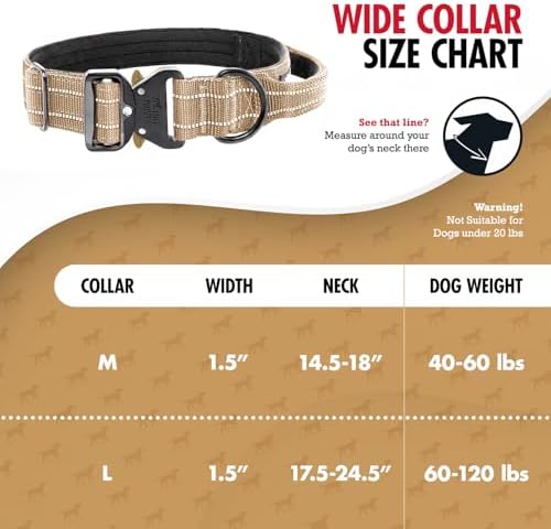 Tuff Pupper Tactical Dog Collar | Heavy Duty 1.5" Wide Ballistic Nylon | Training Control Handle | Quick-Release Metal Buckle | Reflective Bands | ID Tag Holder | Padded Inner Lining (Tan, Large)
