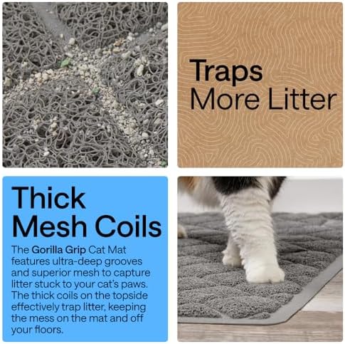 GORILLA GRIP Cat Litter Box Mat, Coiled Mesh Trapping Mats, Corner Gray