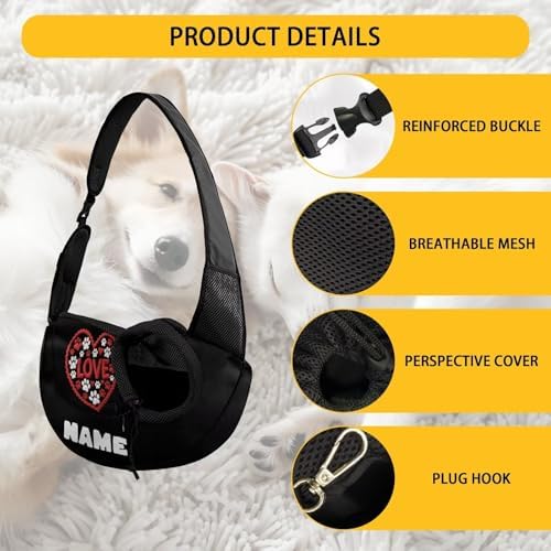 COEQINE Custome Black Red Heart Dog Paw with Name Dog Sling Bag