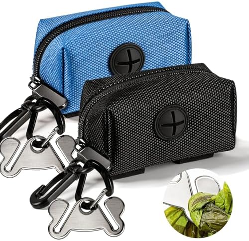 Dog Waste Bag Dispenser Pet Poop Bags Holder for Doggie Waste Bags Dispensers Soft Fabric Zipper Small Doggy Puppy Pouch for Leash Accessory Attachment with Carrier,2PCS Blue&Black
