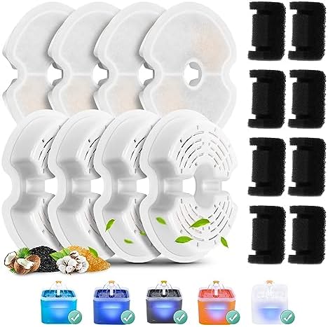 8 Pack Replacement Filters & Pump Sponges for 67oz/2L Colorful Cat Fountain with LED Light, BFLICROY Cat Water Fountain Filter, Quadruple Filtration Pet Fountain Filters Replacement