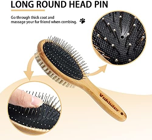 Dog Brush Cat Brush, Vokiuler Double Sided Bristle and Pin Pet Brush for Dog Grooming, Real Boar Bristle Shedding Brush with Bamboo Handle for Long Short Hair, 2 Pack Dog Comb, White