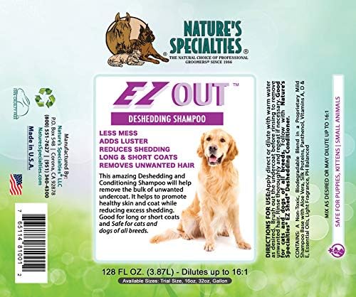 Nature's Specialties EZ Out Ultra Concentrated Deshedding Dog Shampoo for Pets, Makes up to 2 Gallons, Natural Choice for Professional Groomers, Removes Unwanted Hair, Made in USA, 16 oz