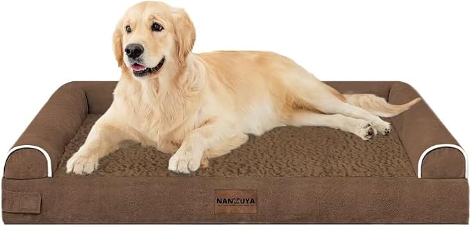 NANUYA Orthopedic Dog Bed for Large Dogs, 36 x 27 Inch, Dark Coffee | Egg crate foam for joint support, 3-sided bolster pet sofa, waterproof lining, washable cover, and non-skid base