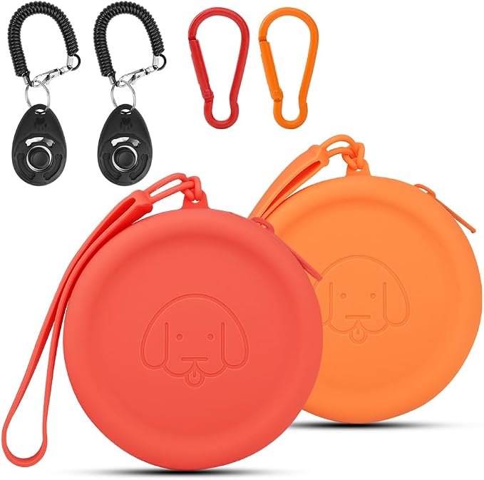 WALLFID Silicone Dog Treat Pouch Small Bag,2PCS Pet Walking Bag for Dog and Cat,Pocket Size,Easy to Clean,Odorless,Zipper Design,Moisture-Proof,Travel Walking Bag,Portable Training Bag. (Orange&Red)
