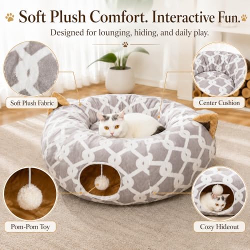 Large Cat Tunnel Bed Under Christmas Tree with Fluffy Toy Balls, Small Cushion and Flexible Design- 10 inch Diameter, 3 ft Length- Great for Cats, and Small Dogs, Gray Geometric Figure