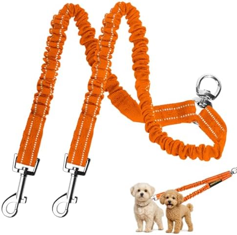 MingXpet 2 Dog Leash, Dog Leash for 2 Dogs, 360° Swivel No Tangle Double Walking Training Leashes for Large Dogs that Pull, Comfortable Shock Absorbing Reflective Bungee, Orange