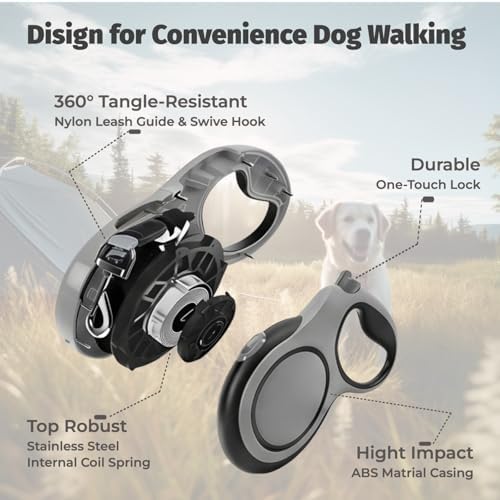 16ft Retractable Dog Leash for Medium Dogs up to 66 lbs, Gray