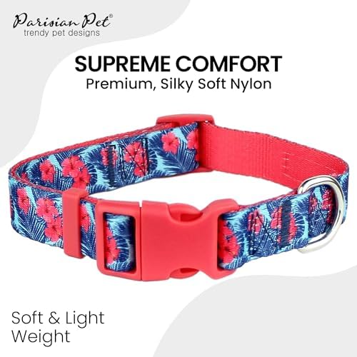 Parisian Pet Floral Dog Collar - Adjustable Hibiscus Pink Pet Collar with Secure Buckle and Metal D-Ring - Comfortable Designer Puppy Collars - Durable Tropical Nylon Dog Collars for Small Dogs