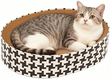2-in-1 Cat Scratcher Cardboard Bed, Round Cat Scratching Pad Bowl for Indoor Cats, Durable Corrugated Circle Cat Scratcher Lounge, Cozy Oval Cat Scratch Bed Furniture for Kittens & Medium Size Cats