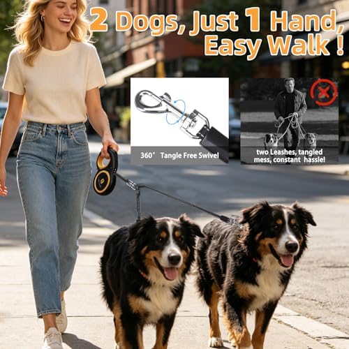 KOOLTAIL Dual Retractable Dog Leash for Two Dogs Up to 110 Lbs, Heavy Duty Double Headed 16 ft Extendable 360° Tangle-Free One Button & Lock Leash Shock Absorbing Bungee for Small Medium Large Dogs