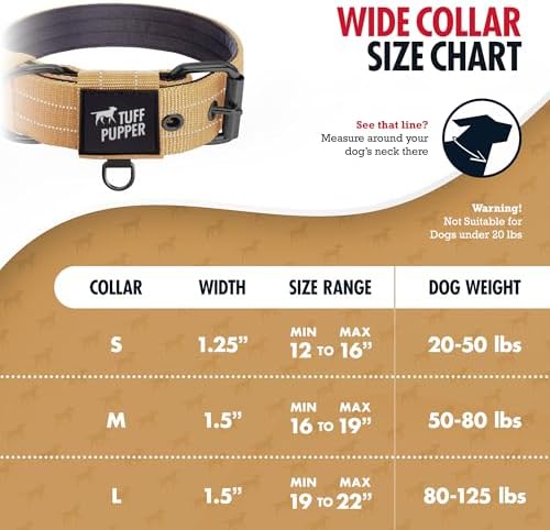 Tuff Pupper Heavy Duty Tactical Dog Collar | 1.5" Wide Ballistic Nylon | Reflective Stitching | Integrated ID Tag Holder | Stainless Steel Buckle | Padded Lining | Medium & Large Dogs (Tan, Large)