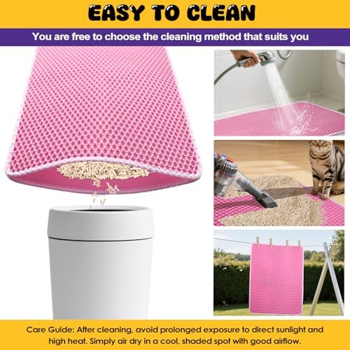Double-Layer Cat Litter Trapper Mat - Heavy Duty Anti-Tracking Litter Box Mat with Deep Grooves & Waterproof Bottom - Stops Mess, Easy Clean (Pink,L)