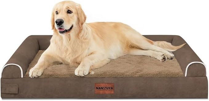 NANUYA Orthopedic Dog Bed for Large Dogs, 36 x 27 Inch, Brown | Egg crate foam for joint support, 3-sided bolster pet sofa, waterproof lining, washable cover, and non-skid base
