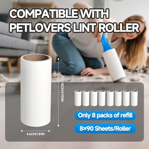 8 Pack 720 Sheets Lint Roller Refill Compatible with PetLovers, Extra Sticky Pet Hair Remover for Dogs & Cats, Pet Lint Roller Refill for Clothes, Furniture, Carpet, No Handle Included