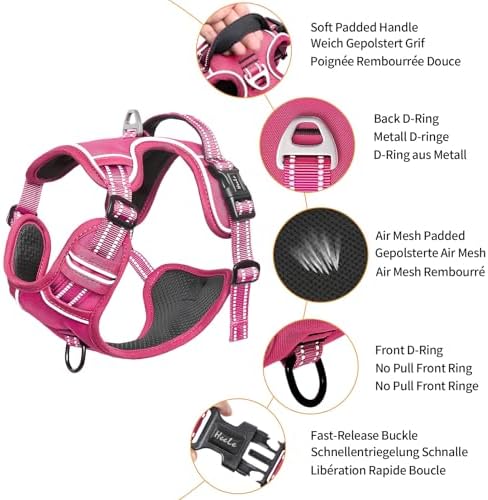 HEELE Dog Harness for Medium Dogs No Pull Dog Vest Harness with Soft Padded Handle Reflective for Outdoor Training, Rose(Matching Trim), M