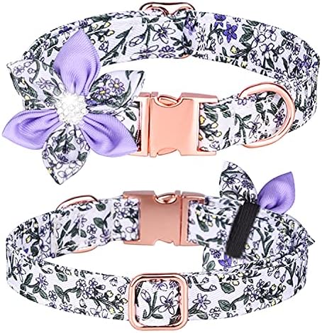 Floral Pattern Dog Collar - Cute Puppy Collar with Detachable Rhinestone Flower for Female Dogs - Small, Medium, Large (M, Purple/White)