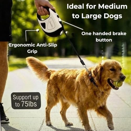 BoldPet® Retractable Dog Leash with LED Flashlight -16 Ft Tangle-Free Long Leash- Anti-Slip Grip-Dog Leashes for Large Dogs Heavy Duty up to 75 Lbs- One Handed Brake -Retractable Dog Leash with Light