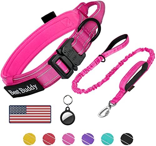 AUBELL Reflective Tactical Heavy Duty Dog Leash and Collar Set,Pink XL