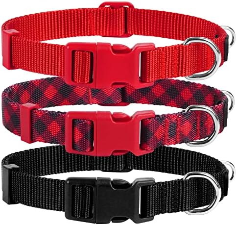 azuza 3 Pack Christmas Nylon Dog Collars Buffalo Check Durable and Comfortable Dog Collars with ID Tag Ring Adjustable for Medium Dogs, M (14-20inch)