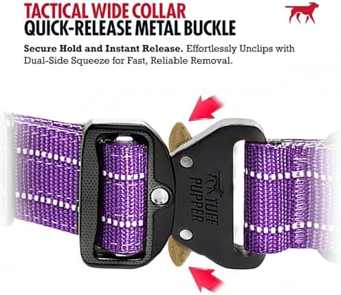 Tuff Pupper Tactical Dog Collar | Heavy Duty 1.5" Wide Ballistic Nylon | Training Control Handle | Quick-Release Metal Buckle | Reflective Bands | ID Tag Holder | Padded Inner Lining (Purple, Medium)