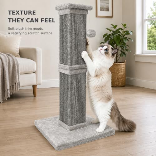 Vertical Cat Scratching Post for Indoor Cats, Sisal Scratch Tower with Soft Plush Base & Dangling Pom Ball, 32'' Tall Cat Scratcher Column, Furniture Protection, Full Grey