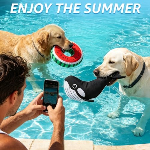 SCENEREAL Floating Dog Pool Toys for Water Fetch, 2 Pack Squeaky Dog Toys for Training, Interactive Summer Outdoor, Whale & Donut Shape Pet Chew Toy for Large Small Medium Dogs