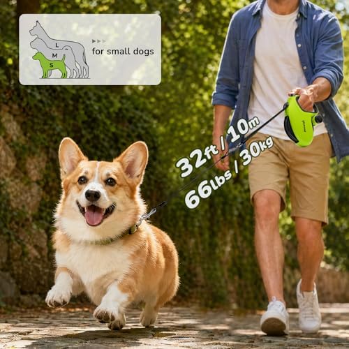 Pecute 32ft Retractable Dog Leash with Poo Bag Holder, Chew Proof Dog Leash with 360° Tangle-Free Extended, Anti-Slip Handle & Quick Brake Button, Suitable for Dogs Up to 66lbs in Weight