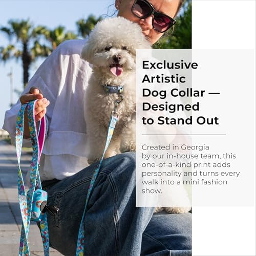 KIKI & RIKI Soft Nylon Dog Collar for Medium Dogs, Adjustable, Quick-Release Buckle, Size M (Neck 13.0-20.9"), Light Blue Artist-Designed Print