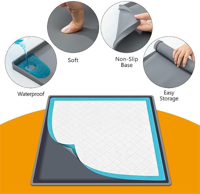 Silicone Dog Pee Pad Holder for 24 x 24 in Pads, Leak-Proof Tray | Raised edges, non-slip base, waterproof silicone, easy to clean, rolls for storage, fits disposable or reusable pads