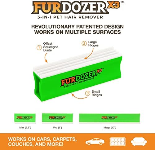 FurDozer Pet Hair Remover & Auto Detailing Tools - Cat & Dog Hair Remover for Carpets, Car Interiors, Couches, Bedding, & Pet Furniture (Green, X3 PRO - 5" Long)