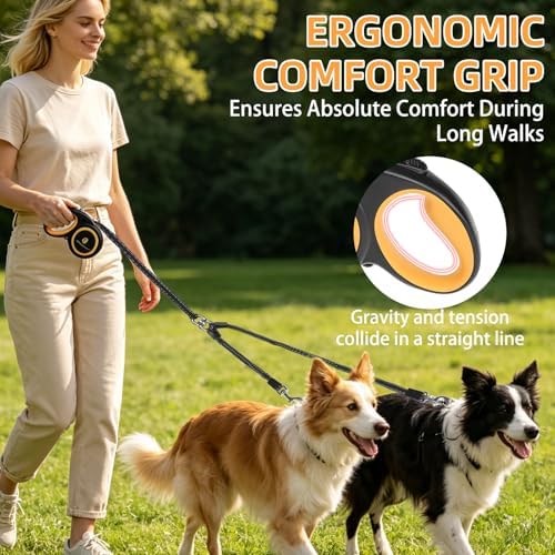 KOOLTAIL Dual Retractable Dog Leash for Two Dogs Up to 110 Lbs, Heavy Duty Double Headed 16 ft Extendable 360° Tangle-Free One Button & Lock Leash Shock Absorbing Bungee for Small Medium Large Dogs