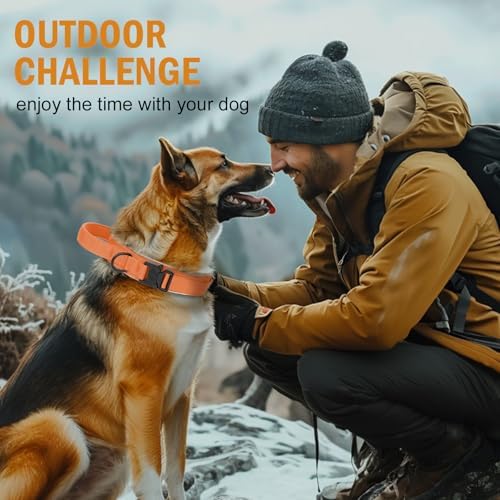 HYDEME Tactical Dog Collar, Alpine Loop Adjustable Military Training Nylon Dog Collars with Handle and Reflective for Small Medium Large Dogs, with Airtags Protective Case & Patches.(M,Orange)