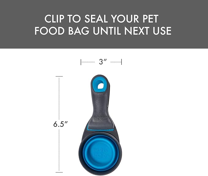 Dexas Popware for Pets Collapsible Klip Scoop, 3-in-1 Pet Food Scoop, Measuring Cup and Bag Clip, 1/2 Cup Capacity, Pro Blue