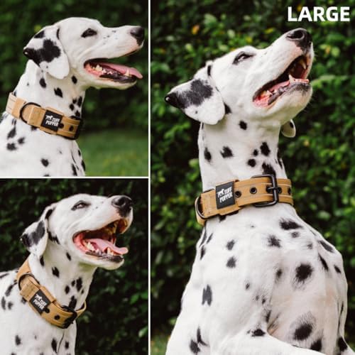 Tuff Pupper Heavy Duty Tactical Dog Collar | 1.5" Wide Ballistic Nylon | Reflective Stitching | Integrated ID Tag Holder | Stainless Steel Buckle | Padded Lining | Medium & Large Dogs (Tan, Large)