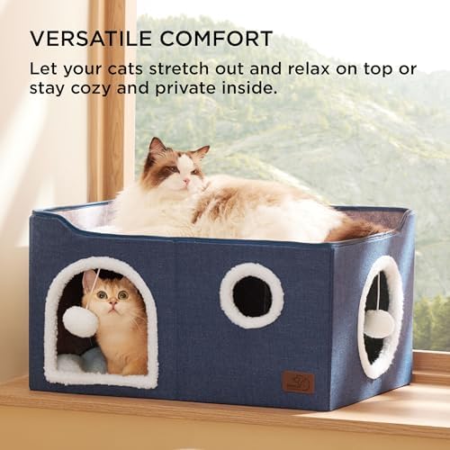 Bedsure Extra Wide Cat House Bed with Fluffy Ball and Scratch Pad,Blue