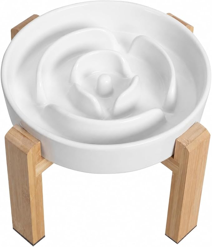 Elevated Slow Feeder Dog Bowl - Ceramic Food Dish with Bamboo Stand - Raised Maze Design - Ideal for Medium to Large Dogs - White - 8.8 inch