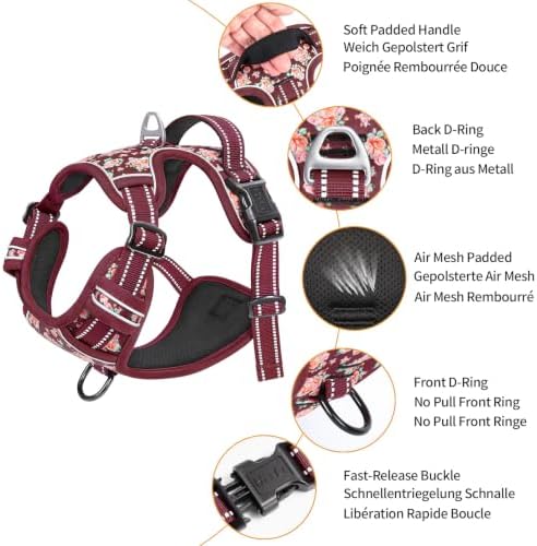 HEELE Large Dog Harness, Reflective, No Pull No Choke, Flower Burgundy, XL