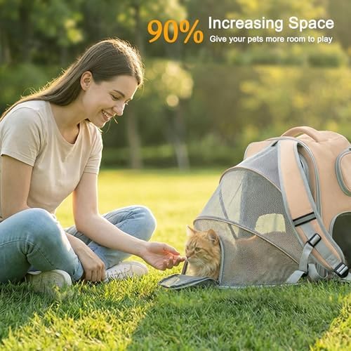 Cat Backpack Carrier Expandable,Pet Travel Backpack for Cats and Small Dogs, 1200D Waterproof Ventilated Mesh with Lockable Zippers, Foldable for Hiking Camping Vet, Up to 18 Lbs(Khaki)