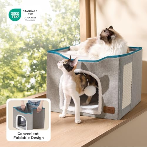 Bedsure Cat House Bed for Indoor Cats with Fluffy Ball and Scratch Pad,Blue