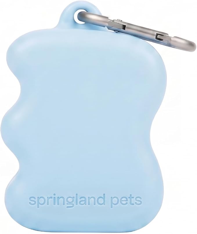Springland Silicone Dog Training Treat Pouch for Leash, Sky Blue | One-hand squeeze dispenser, food-grade silicone, BPA-free, carabiner included, easy-fill holder for rewards on the go