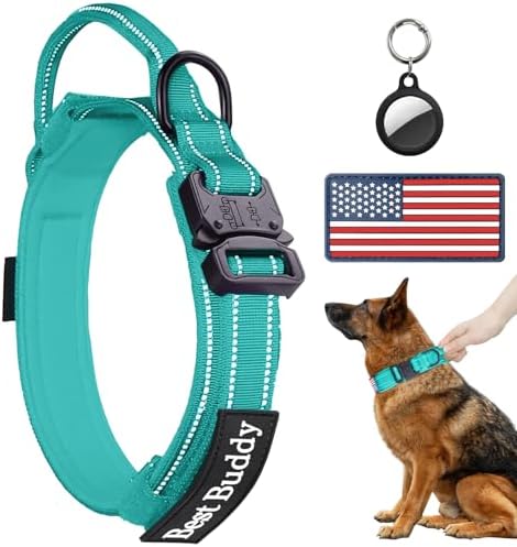 AUBELL Reflective Tactical Heavy Duty Dog Collar with Handle,Teal XL