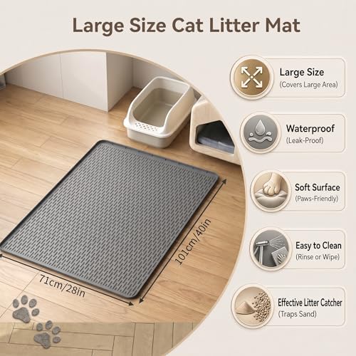 Cat Litter Mat 40"x28", Silicone Waterproof Litter Box Mat, Non-Slip Litter Trapping Mat for Cats, Easy Clean Foldable, Dark Gray