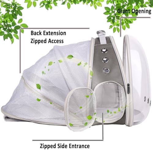 Expandable Carrier Backpack for Kitten Bunny and Small Puppy, Vented Transparent Space Capsule Astronaut Cat Bubble Window, PU Leather Grey Vet Carry Bag