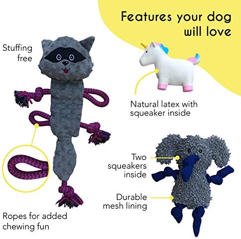 rocket & rex Puppy Chew Toys, Stuffing-Free Rope & Plush Set (3pk)