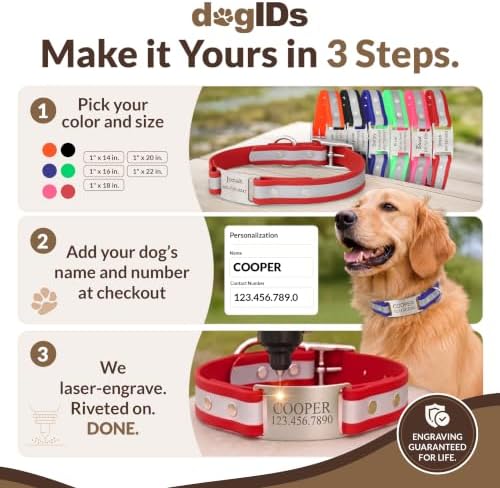 dogIDs Personalized Reflective Waterproof ScruffTag Dog Collar - Custom, Soft Grip, Safe Adjustable, Odor Resistant - Red, 1 in x 18 in (Fits Neck Sizes: 16-20 in)