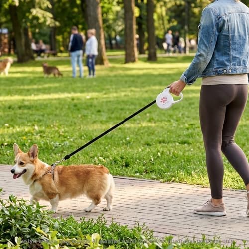 Retractable Dog Leash (Small), 10ft Heavy Duty Nylon Tape for Dogs up to 33 lbs, One-Hand Brake & Lock, Tangle-Free, Compact Lightweight Design, White S GC-DAN