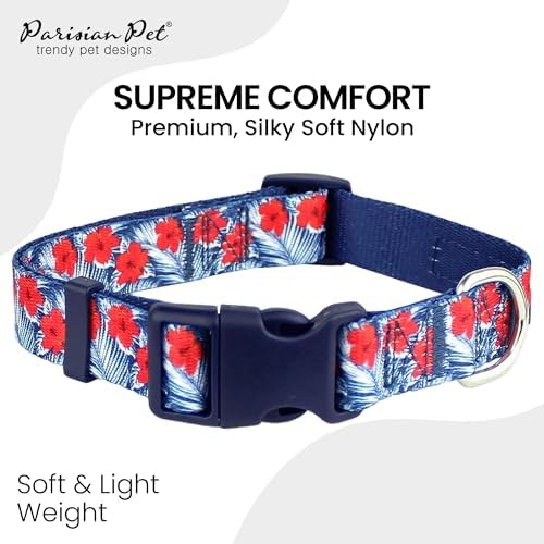 Parisian Pet Floral Dog Collar - Adjustable Hibiscus Pet Collar with Secure Buckle and Metal D-Ring - Comfortable Designer Blue Puppy Collars - Durable Tropical Nylon Dog Collars for Large Dogs
