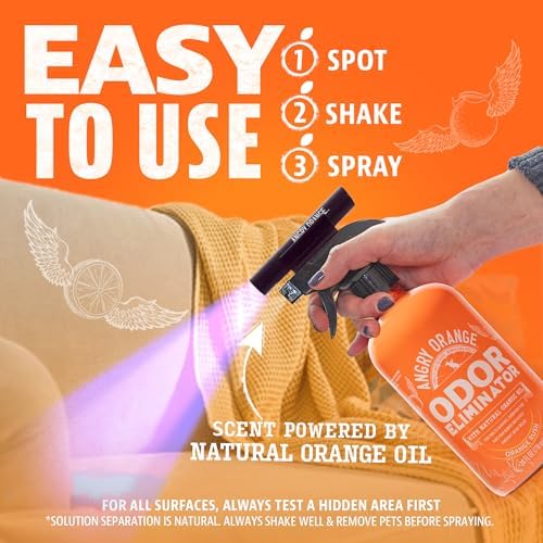 ANGRY ORANGE Pet Odor Eliminator Kit for Dog/Cat Urine, 24oz Citrus Odor Eliminator Spray and Stain Sniper Flashlight - NEW Orange Rush Scent